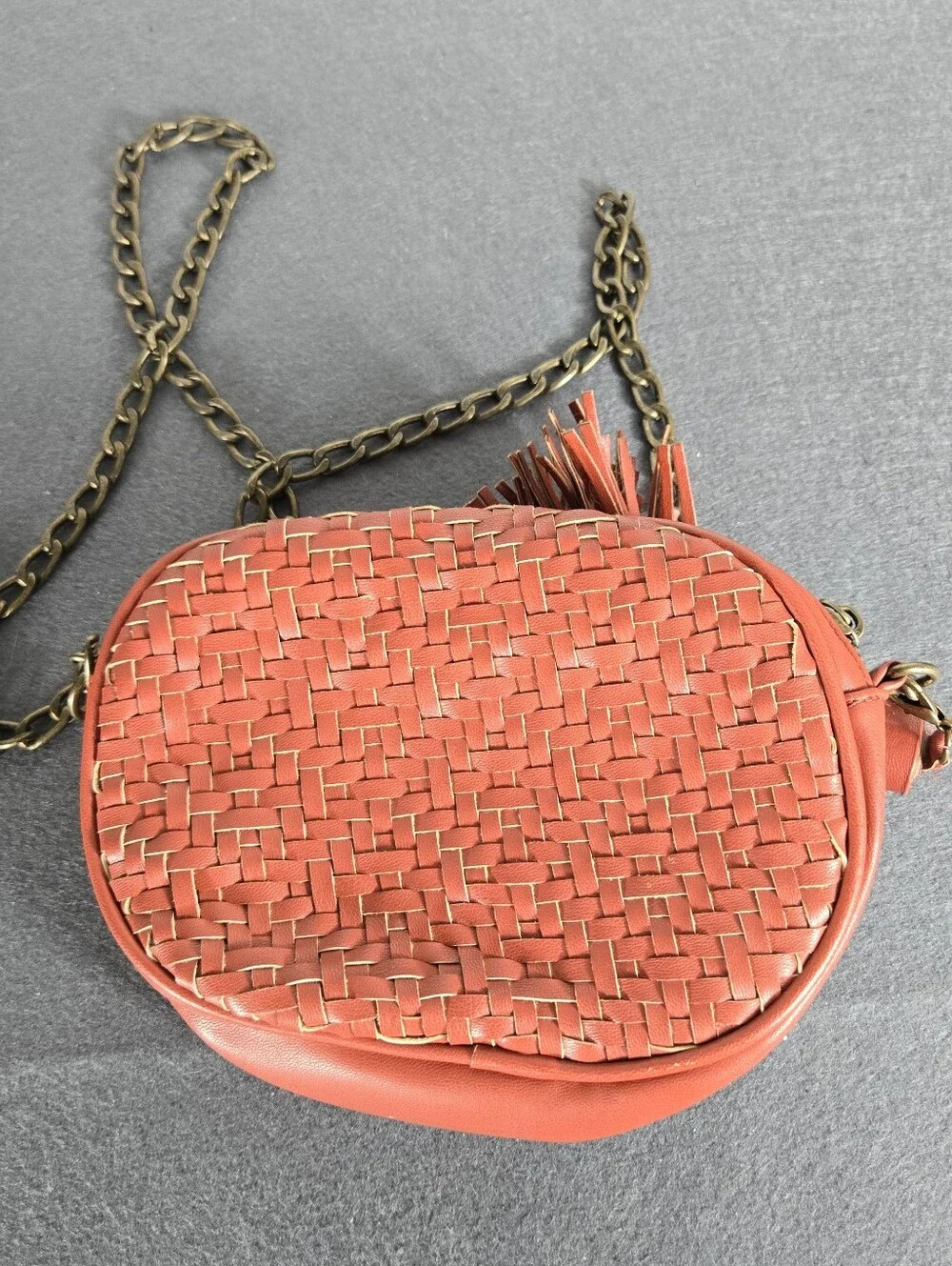 Anthropologie Brick Red Woven Tassel Crossbody Bag